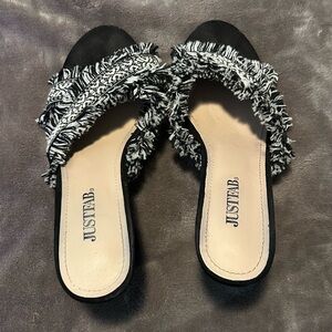 Zella Black & White Fringed Slide Mules